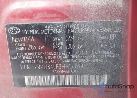 2017 Hyundai Elantra Limited z USA, uszkodzony, nr VIN 5NPD84LF3HH158980